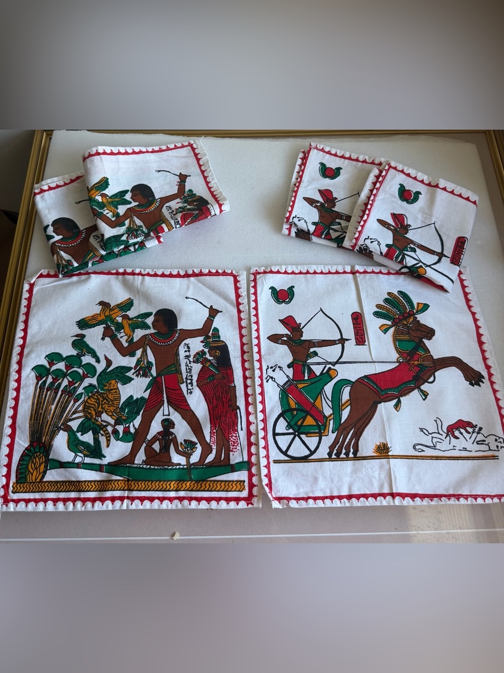 Vintage Egyptian Print Napkins Set 6 Pharaoh Chariot Table Linens MCM